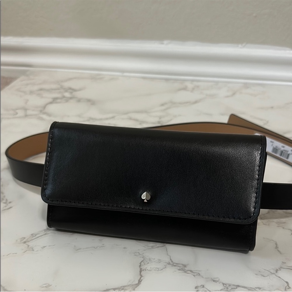 Kate Spade Belt Bag Leather Black Fold Over Top Fanny Pack logo Sz L/XL NEW